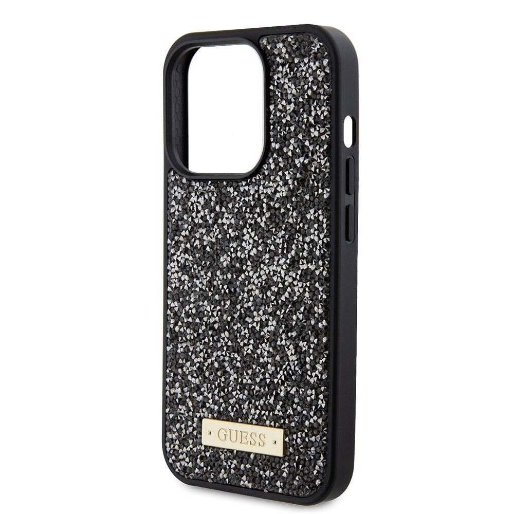 iPhone 15 Pro Kılıf Guess Orjinal Lisanslı Taşlı Arka Yüzey Metal Yazı Logolu Kapak