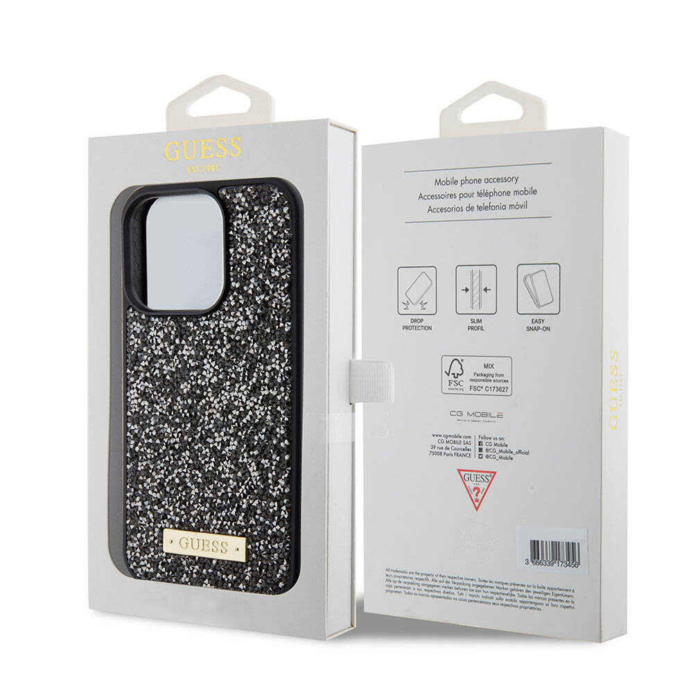 iPhone 15 Pro Kılıf Guess Orjinal Lisanslı Taşlı Arka Yüzey Metal Yazı Logolu Kapak