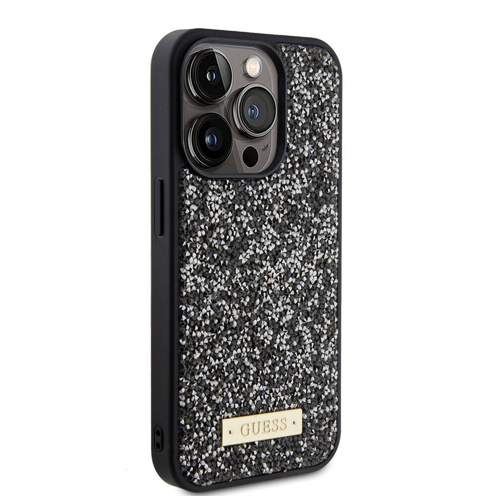 iPhone 15 Pro Kılıf Guess Orjinal Lisanslı Taşlı Arka Yüzey Metal Yazı Logolu Kapak