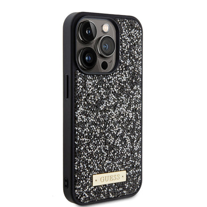 iPhone 15 Pro Kılıf Guess Orjinal Lisanslı Taşlı Arka Yüzey Metal Yazı Logolu Kapak