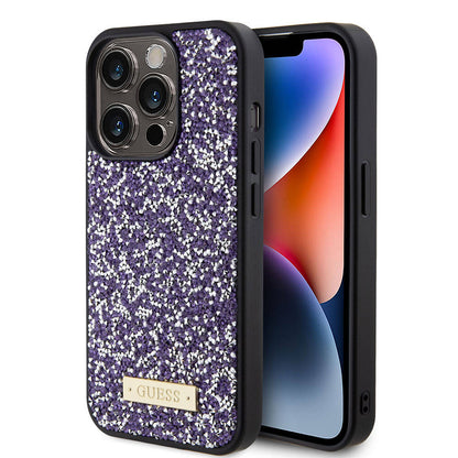 iPhone 15 Pro Kılıf Guess Orjinal Lisanslı Taşlı Arka Yüzey Metal Yazı Logolu Kapak