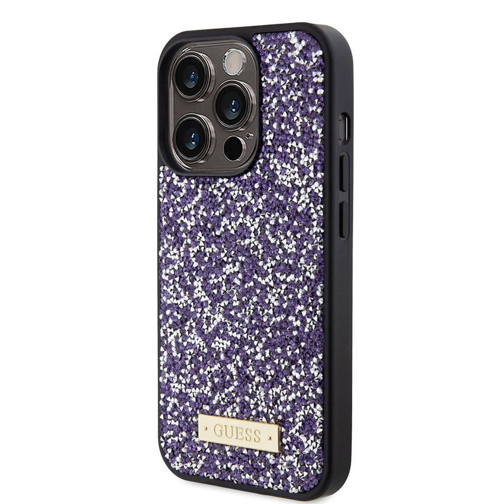 iPhone 15 Pro Kılıf Guess Orjinal Lisanslı Taşlı Arka Yüzey Metal Yazı Logolu Kapak