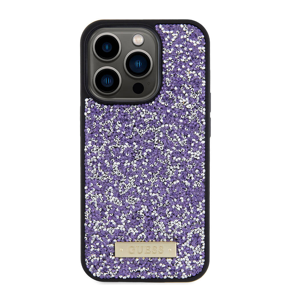 iPhone 15 Pro Kılıf Guess Orjinal Lisanslı Taşlı Arka Yüzey Metal Yazı Logolu Kapak