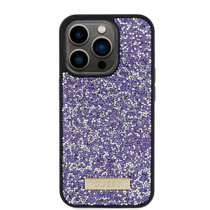 iPhone 15 Pro Kılıf Guess Orjinal Lisanslı Taşlı Arka Yüzey Metal Yazı Logolu Kapak