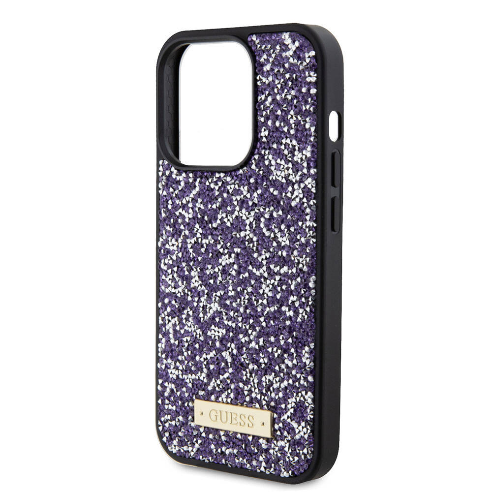 iPhone 15 Pro Kılıf Guess Orjinal Lisanslı Taşlı Arka Yüzey Metal Yazı Logolu Kapak