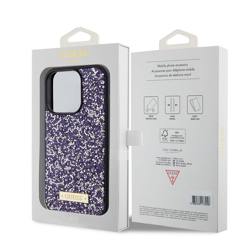 iPhone 15 Pro Kılıf Guess Orjinal Lisanslı Taşlı Arka Yüzey Metal Yazı Logolu Kapak