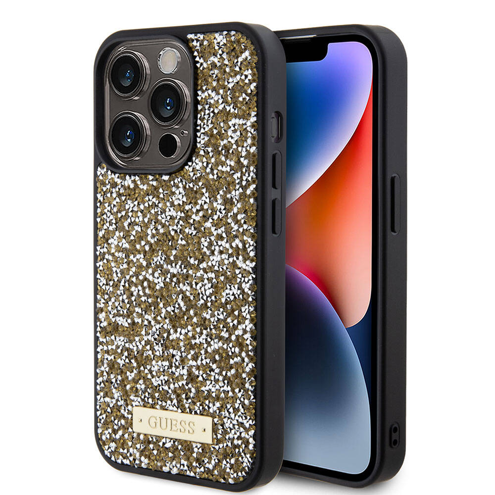 iPhone 15 Pro Kılıf Guess Orjinal Lisanslı Taşlı Arka Yüzey Metal Yazı Logolu Kapak