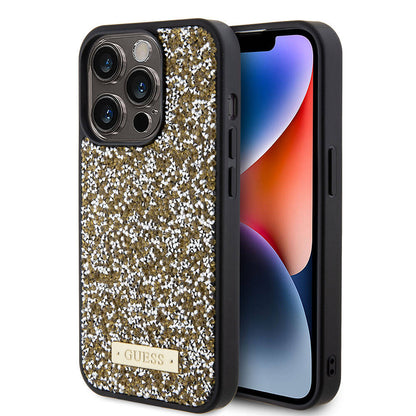 iPhone 15 Pro Kılıf Guess Orjinal Lisanslı Taşlı Arka Yüzey Metal Yazı Logolu Kapak