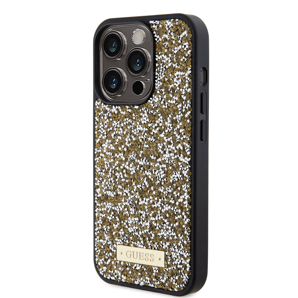 iPhone 15 Pro Kılıf Guess Orjinal Lisanslı Taşlı Arka Yüzey Metal Yazı Logolu Kapak