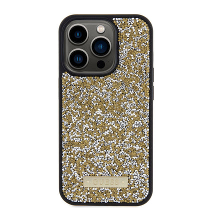 iPhone 15 Pro Kılıf Guess Orjinal Lisanslı Taşlı Arka Yüzey Metal Yazı Logolu Kapak