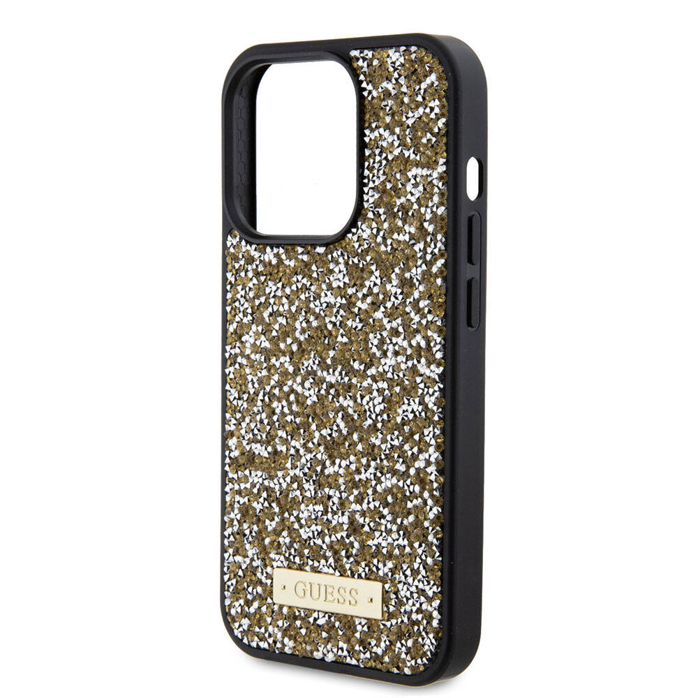 iPhone 15 Pro Kılıf Guess Orjinal Lisanslı Taşlı Arka Yüzey Metal Yazı Logolu Kapak