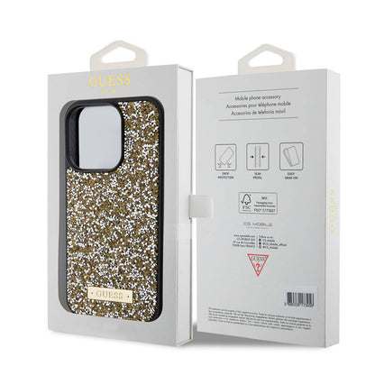 iPhone 15 Pro Kılıf Guess Orjinal Lisanslı Taşlı Arka Yüzey Metal Yazı Logolu Kapak