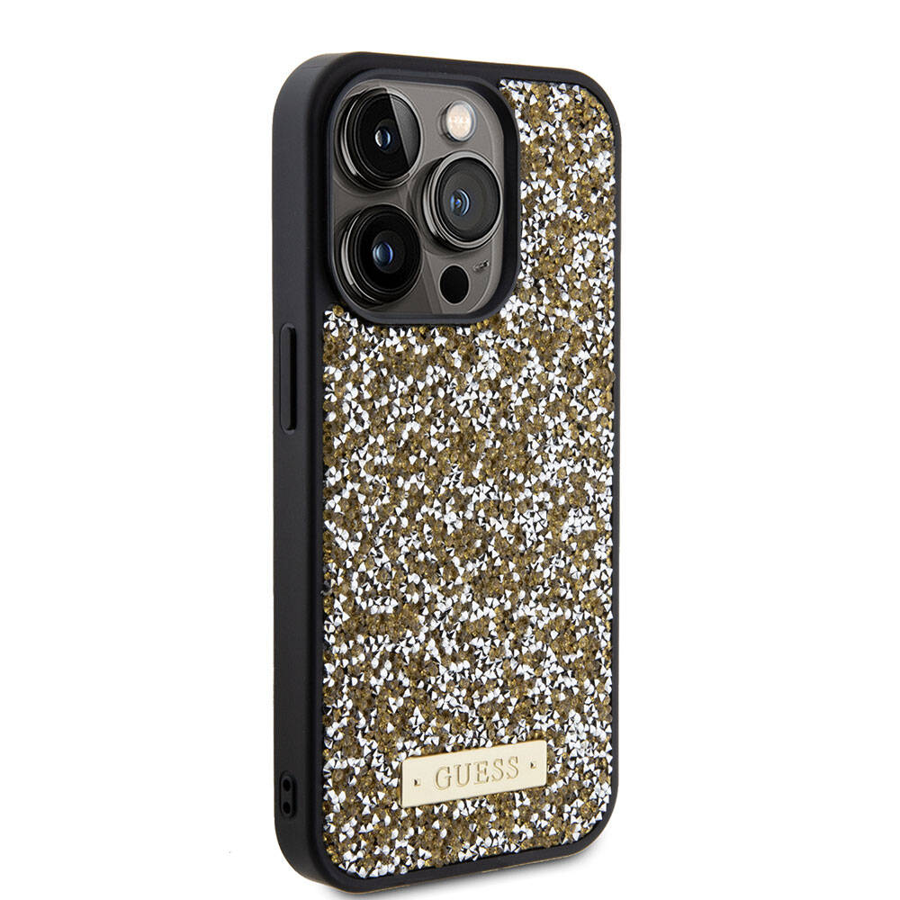 iPhone 15 Pro Kılıf Guess Orjinal Lisanslı Taşlı Arka Yüzey Metal Yazı Logolu Kapak