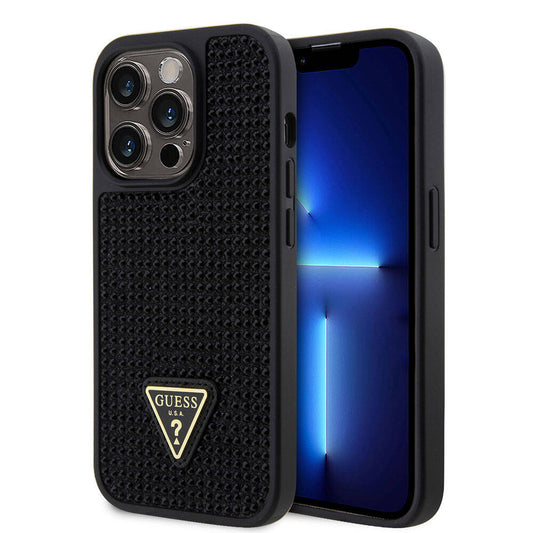iPhone 15 Pro Kılıf Guess Orjinal Lisanslı Taşlı Arka Yüzey Üçgen Logolu Kapak