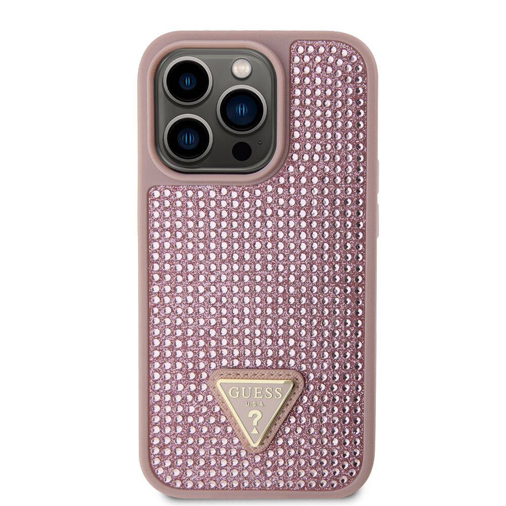 iPhone 15 Pro Kılıf Guess Orjinal Lisanslı Taşlı Arka Yüzey Üçgen Logolu Kapak