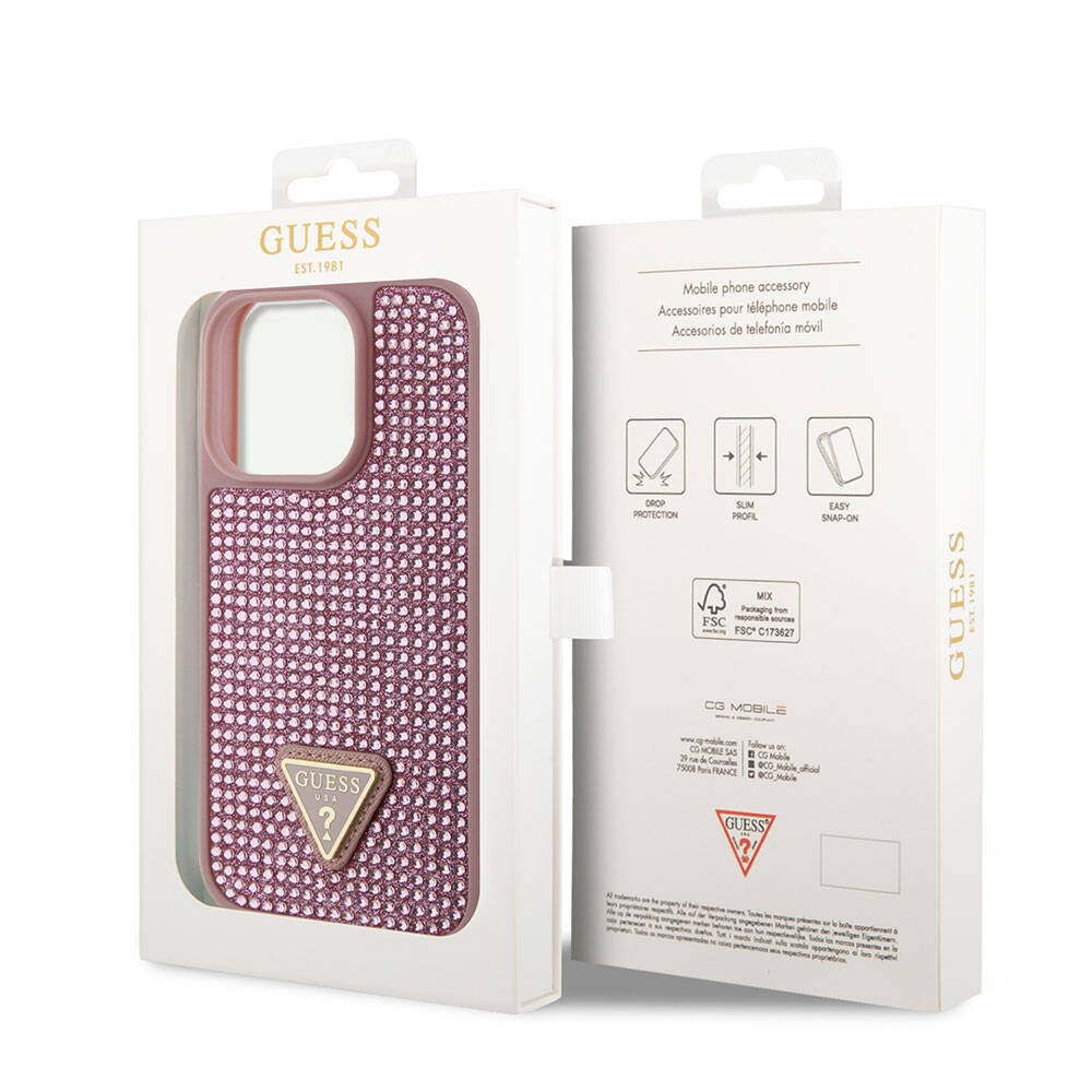 iPhone 15 Pro Kılıf Guess Orjinal Lisanslı Taşlı Arka Yüzey Üçgen Logolu Kapak
