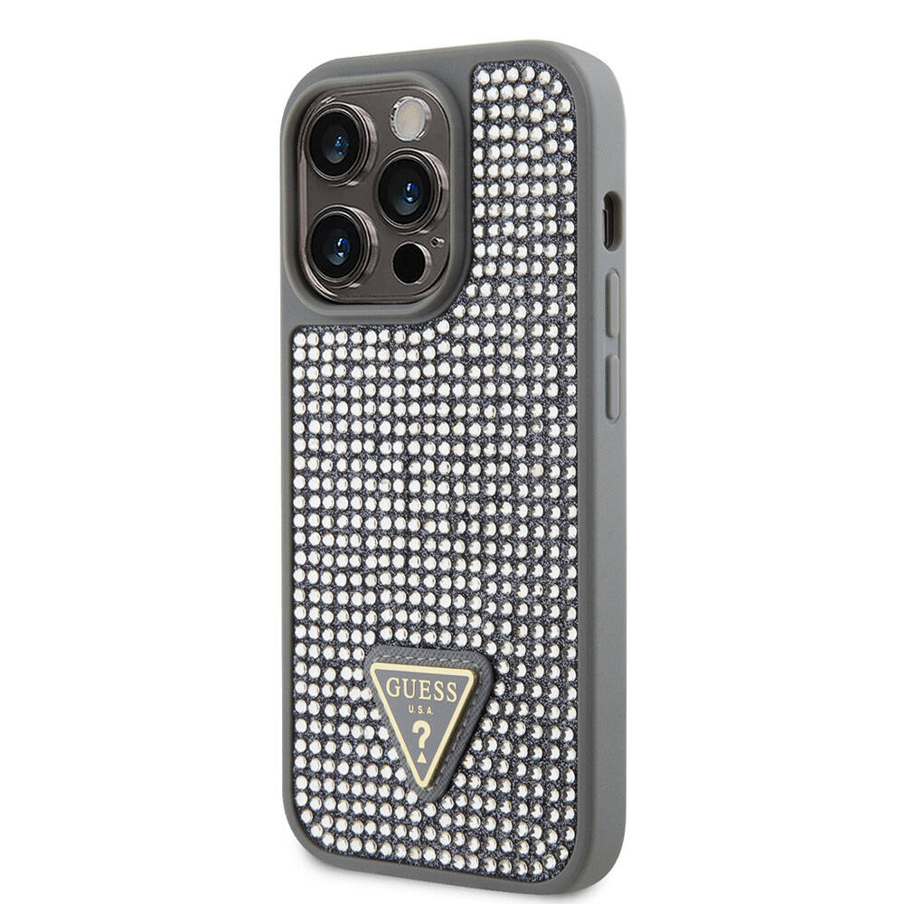 iPhone 15 Pro Kılıf Guess Orjinal Lisanslı Taşlı Arka Yüzey Üçgen Logolu Kapak