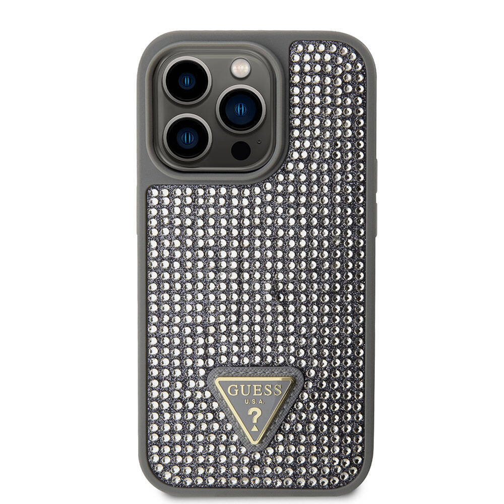 iPhone 15 Pro Kılıf Guess Orjinal Lisanslı Taşlı Arka Yüzey Üçgen Logolu Kapak