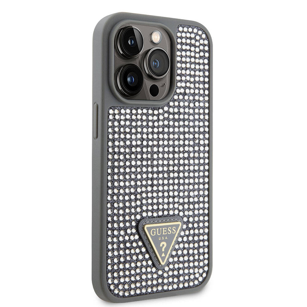 iPhone 15 Pro Kılıf Guess Orjinal Lisanslı Taşlı Arka Yüzey Üçgen Logolu Kapak