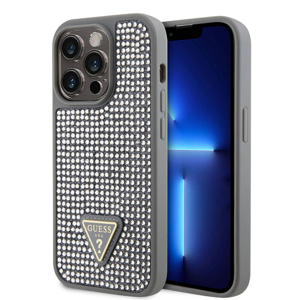 iPhone 15 Pro Kılıf Guess Orjinal Lisanslı Taşlı Arka Yüzey Üçgen Logolu Kapak