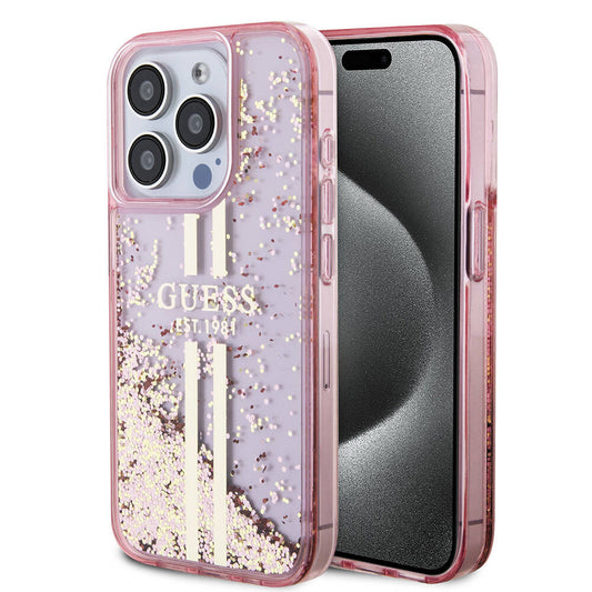 iPhone 15 Pro Kılıf Guess Orjinal Lisanslı Transparan Sıvılı Simli Altın Çizgili Kapak