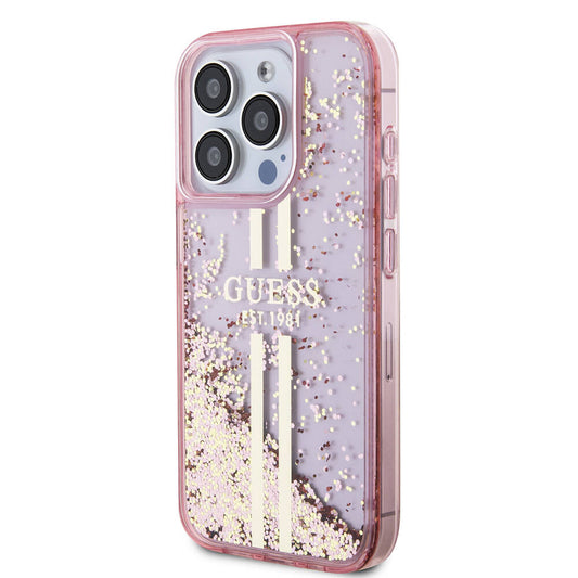 iPhone 15 Pro Kılıf Guess Orjinal Lisanslı Transparan Sıvılı Simli Altın Çizgili Kapak