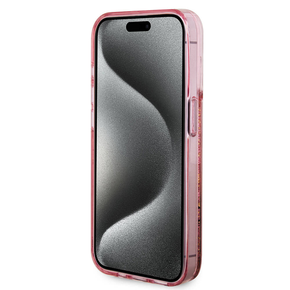 iPhone 15 Pro Kılıf Guess Orjinal Lisanslı Transparan Sıvılı Simli Altın Çizgili Kapak