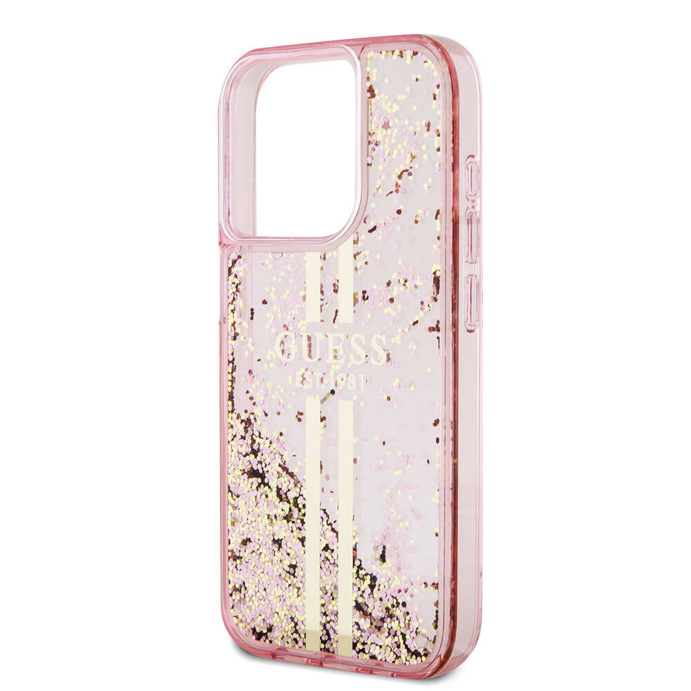iPhone 15 Pro Kılıf Guess Orjinal Lisanslı Transparan Sıvılı Simli Altın Çizgili Kapak
