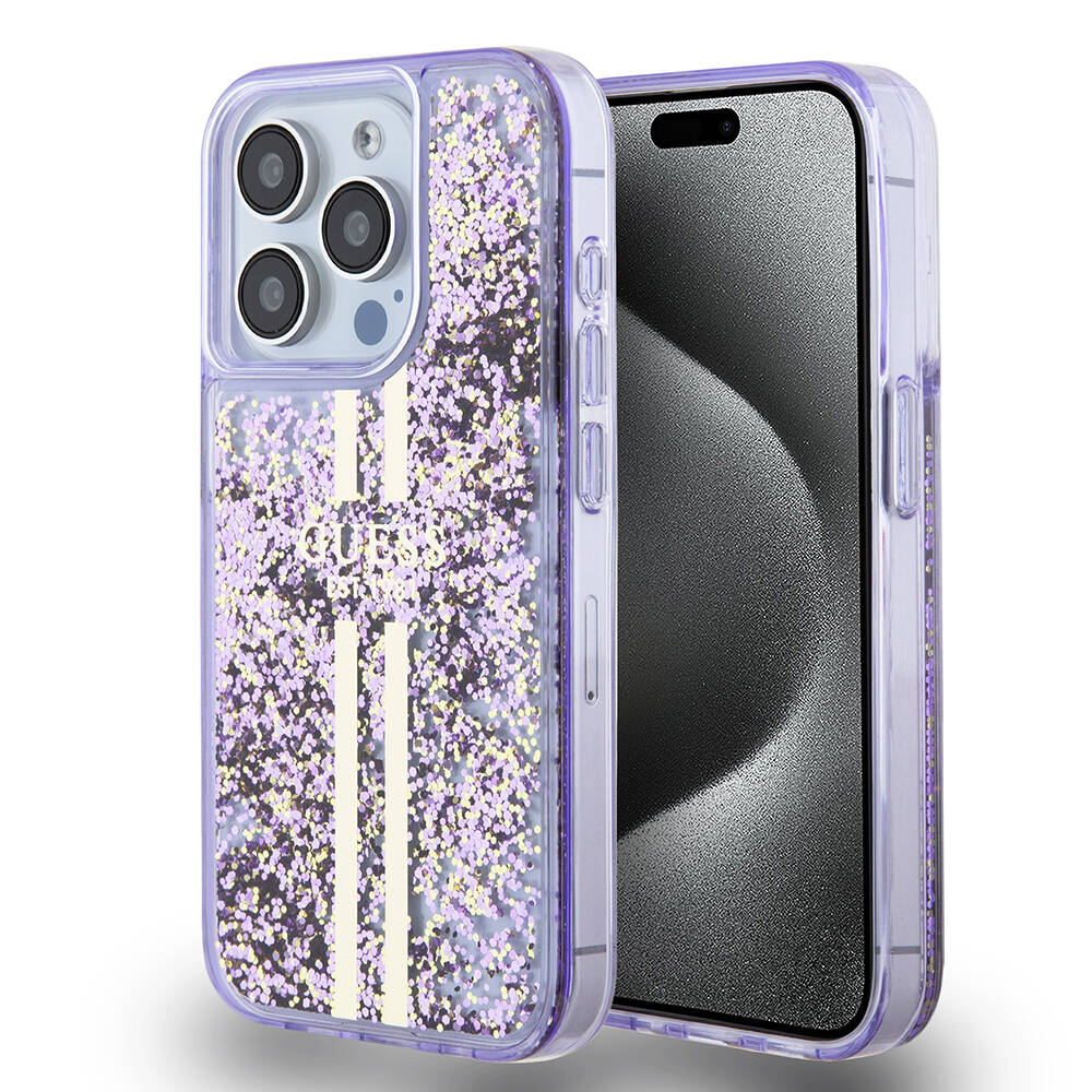 iPhone 15 Pro Kılıf Guess Orjinal Lisanslı Transparan Sıvılı Simli Altın Çizgili Kapak