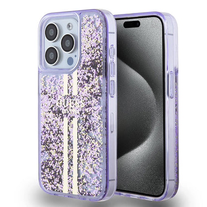 iPhone 15 Pro Kılıf Guess Orjinal Lisanslı Transparan Sıvılı Simli Altın Çizgili Kapak