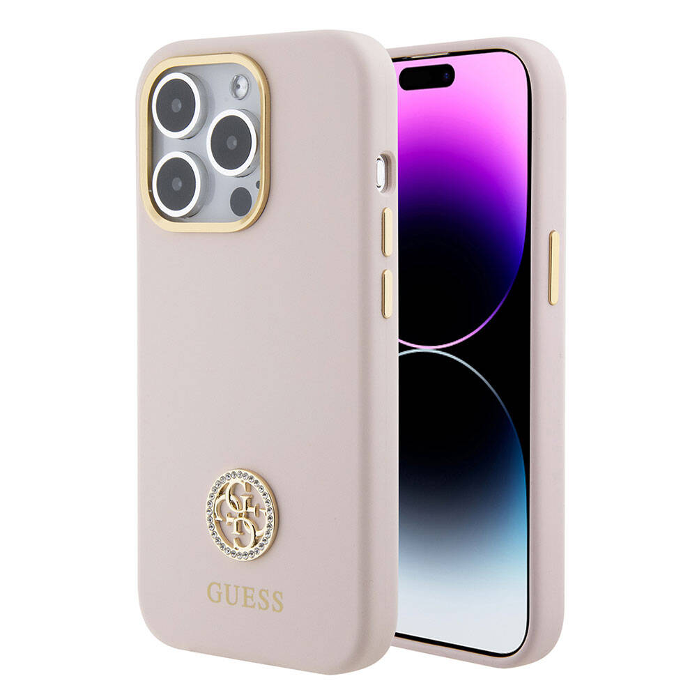 iPhone 15 Pro Kılıf Guess Orjinal Lisanslı Yazı ve Taşlı 4G Logolu Metal Kamera Çerçeveli Silikon Kapak