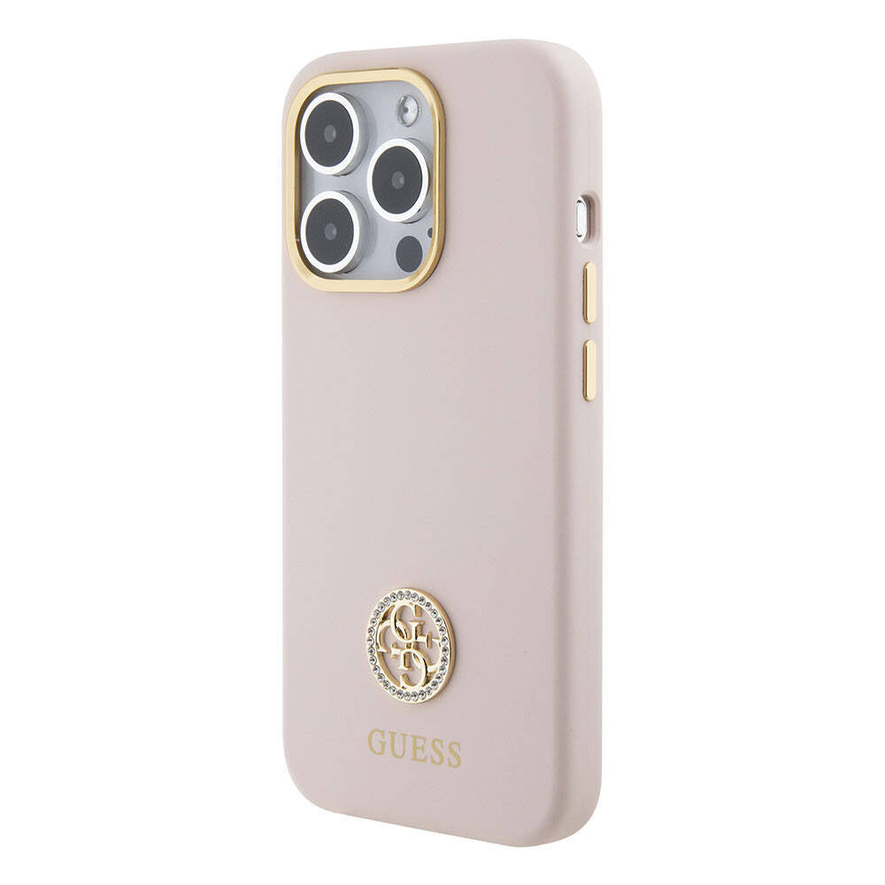 iPhone 15 Pro Kılıf Guess Orjinal Lisanslı Yazı ve Taşlı 4G Logolu Metal Kamera Çerçeveli Silikon Kapak