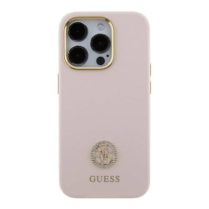 iPhone 15 Pro Kılıf Guess Orjinal Lisanslı Yazı ve Taşlı 4G Logolu Metal Kamera Çerçeveli Silikon Kapak