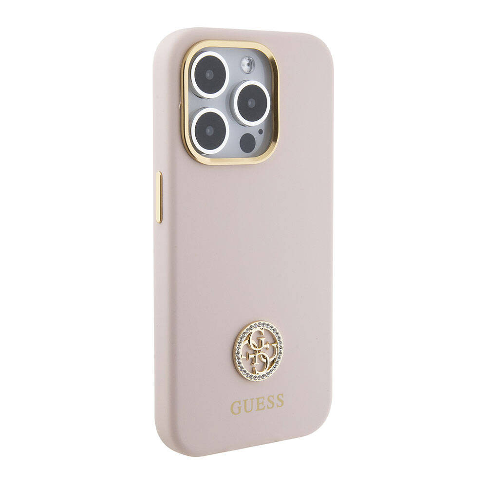 iPhone 15 Pro Kılıf Guess Orjinal Lisanslı Yazı ve Taşlı 4G Logolu Metal Kamera Çerçeveli Silikon Kapak