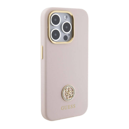 iPhone 15 Pro Kılıf Guess Orjinal Lisanslı Yazı ve Taşlı 4G Logolu Metal Kamera Çerçeveli Silikon Kapak