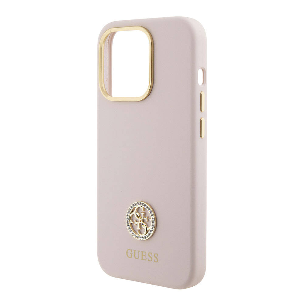 iPhone 15 Pro Kılıf Guess Orjinal Lisanslı Yazı ve Taşlı 4G Logolu Metal Kamera Çerçeveli Silikon Kapak