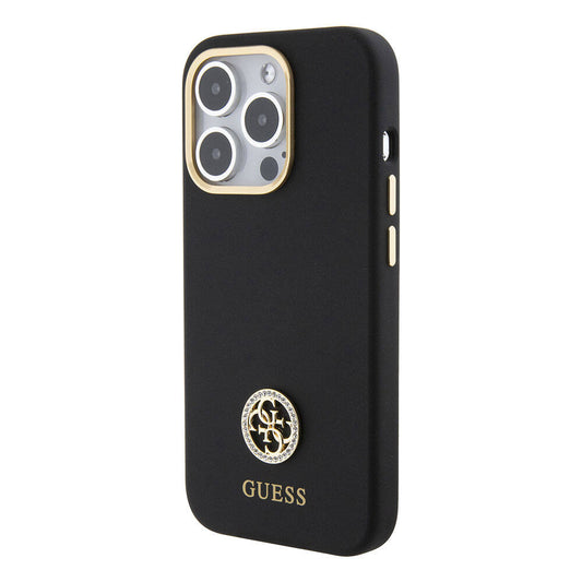 iPhone 15 Pro Kılıf Guess Orjinal Lisanslı Yazı ve Taşlı 4G Logolu Metal Kamera Çerçeveli Silikon Kapak