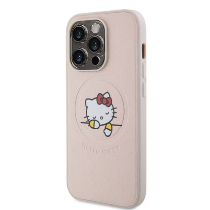 iPhone 15 Pro Kılıf Hello Kitty Orjinal Lisanslı M-safe Şarj Özellikli Baskı Logolu Uyuyan Kitty Deri Kapak