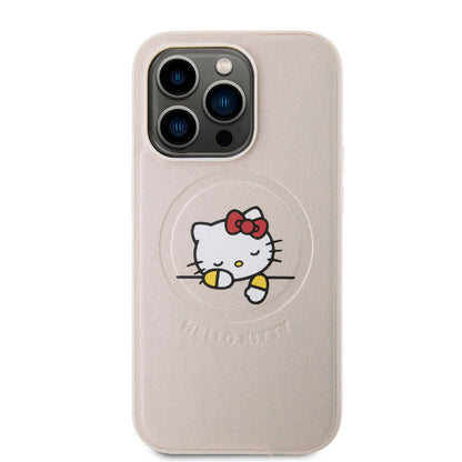 iPhone 15 Pro Kılıf Hello Kitty Orjinal Lisanslı M-safe Şarj Özellikli Baskı Logolu Uyuyan Kitty Deri Kapak