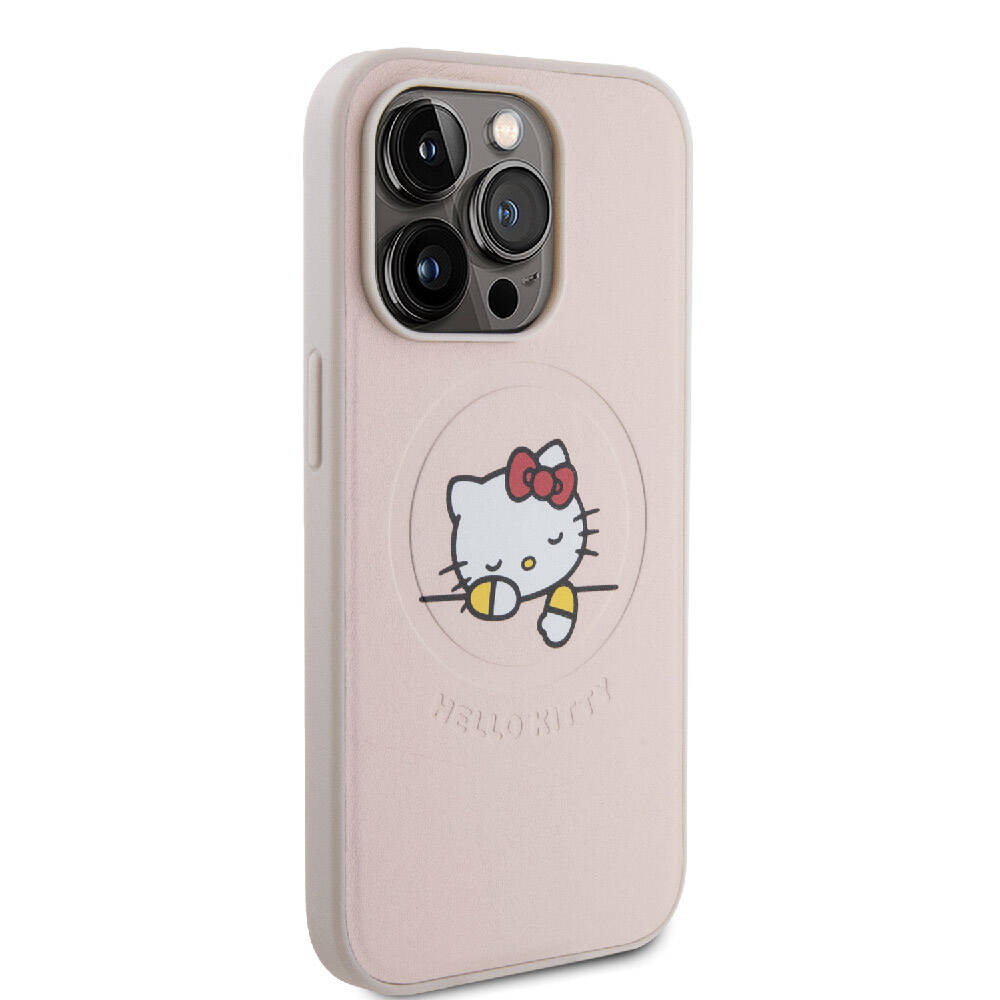 iPhone 15 Pro Kılıf Hello Kitty Orjinal Lisanslı M-safe Şarj Özellikli Baskı Logolu Uyuyan Kitty Deri Kapak