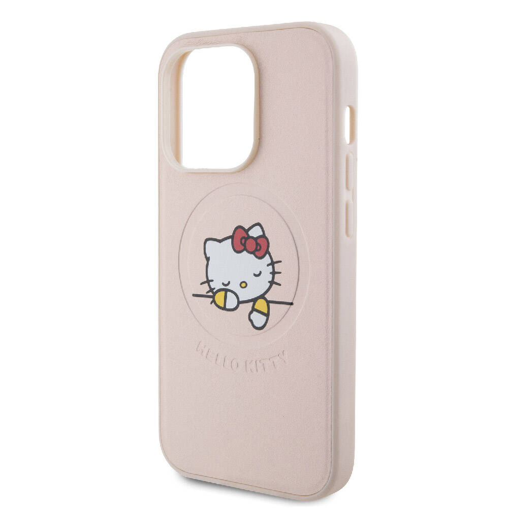 iPhone 15 Pro Kılıf Hello Kitty Orjinal Lisanslı M-safe Şarj Özellikli Baskı Logolu Uyuyan Kitty Deri Kapak
