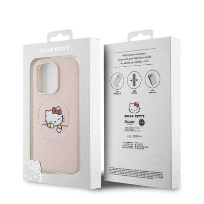 iPhone 15 Pro Kılıf Hello Kitty Orjinal Lisanslı M-safe Şarj Özellikli Baskı Logolu Uyuyan Kitty Deri Kapak
