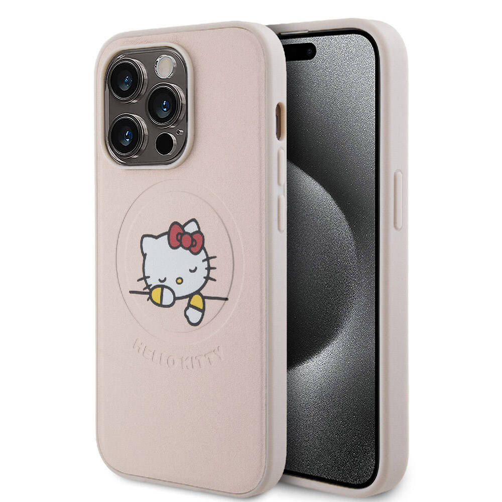 iPhone 15 Pro Kılıf Hello Kitty Orjinal Lisanslı M-safe Şarj Özellikli Baskı Logolu Uyuyan Kitty Deri Kapak