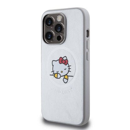 iPhone 15 Pro Kılıf Hello Kitty Orjinal Lisanslı M-safe Şarj Özellikli Baskı Logolu Uyuyan Kitty Deri Kapak