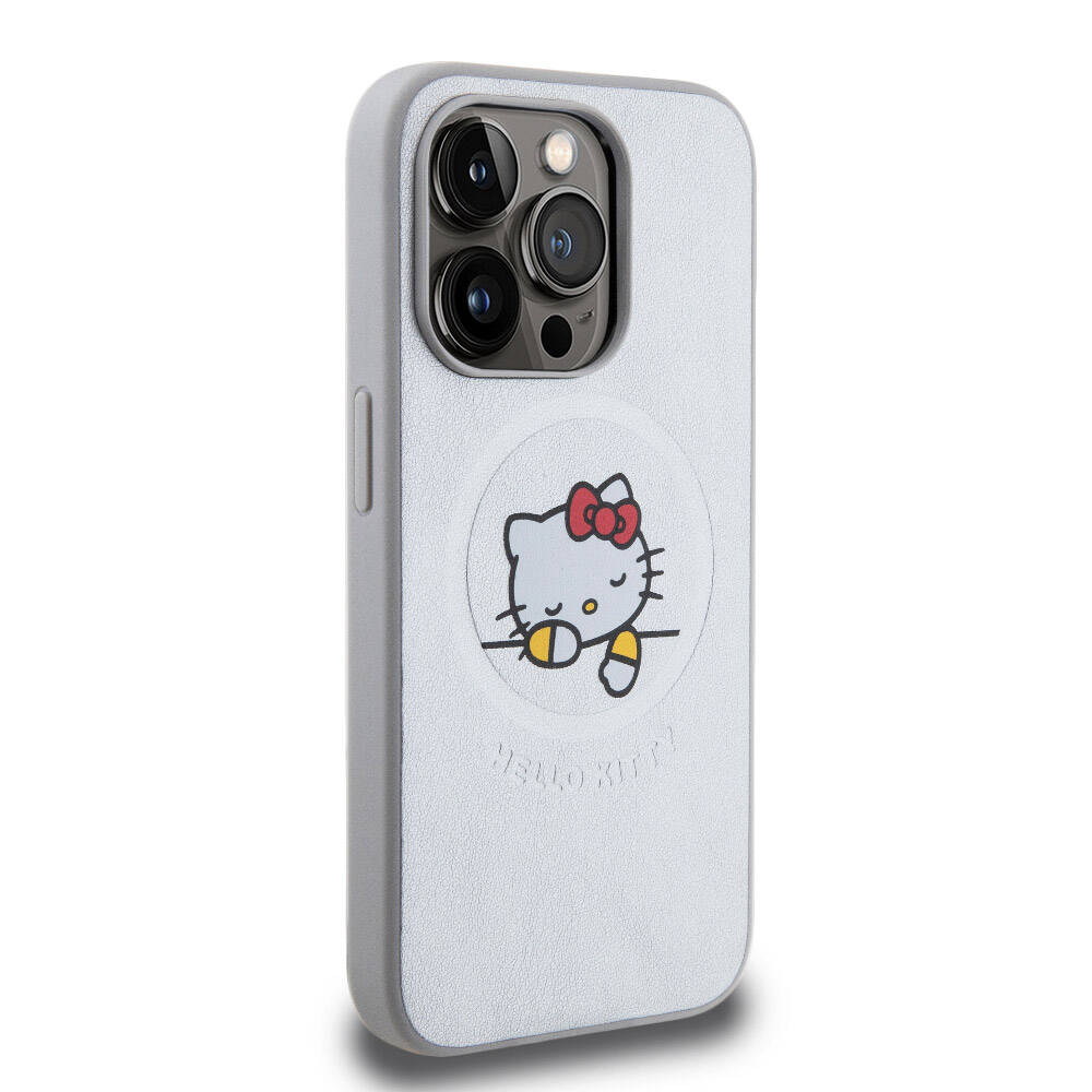 iPhone 15 Pro Kılıf Hello Kitty Orjinal Lisanslı M-safe Şarj Özellikli Baskı Logolu Uyuyan Kitty Deri Kapak