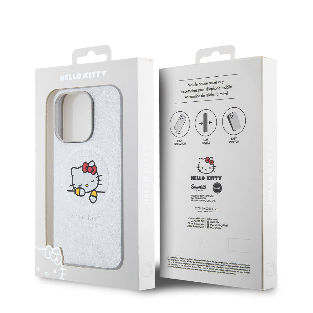 iPhone 15 Pro Kılıf Hello Kitty Orjinal Lisanslı M-safe Şarj Özellikli Baskı Logolu Uyuyan Kitty Deri Kapak