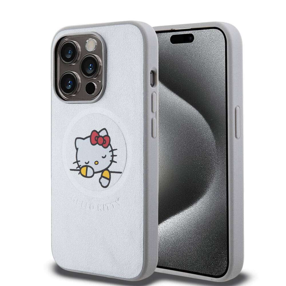 iPhone 15 Pro Kılıf Hello Kitty Orjinal Lisanslı M-safe Şarj Özellikli Baskı Logolu Uyuyan Kitty Deri Kapak