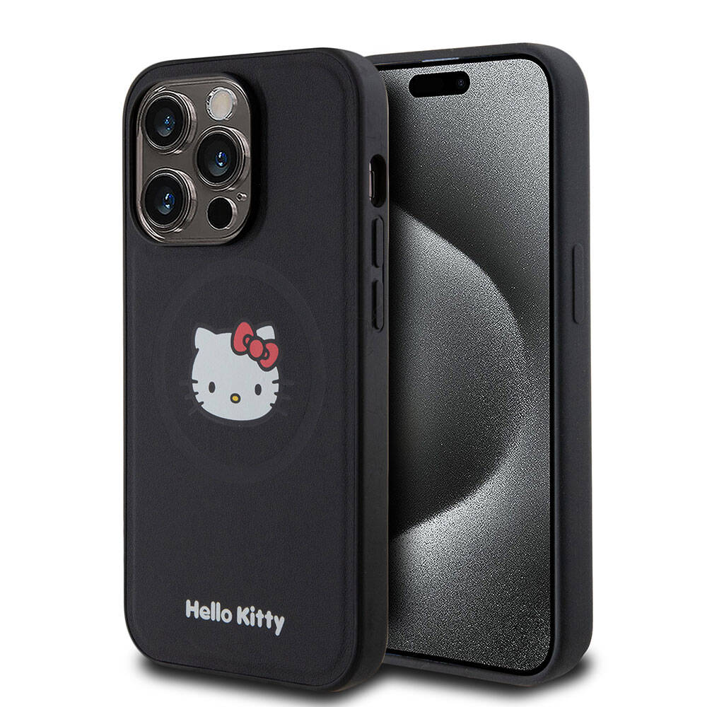iPhone 15 Pro Kılıf Hello Kitty Orjinal Lisanslı M-safe Şarj Özellikli Kitty Head Deri Kapak