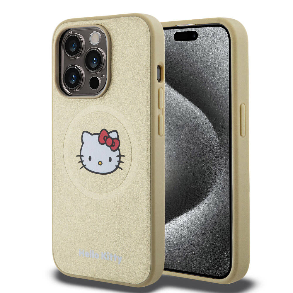 iPhone 15 Pro Kılıf Hello Kitty Orjinal Lisanslı M-safe Şarj Özellikli Kitty Head Deri Kapak