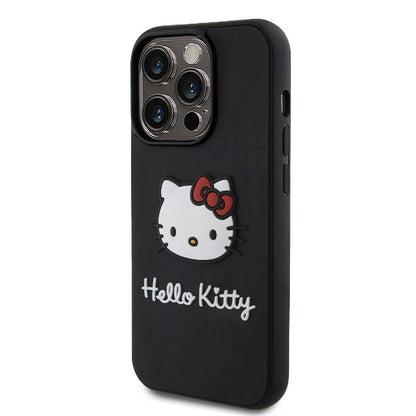 iPhone 15 Pro Kılıf Hello Kitty Orjinal Lisanslı Yazı ve İkonik Logolu 3D Rubber Kitty Head Kapak